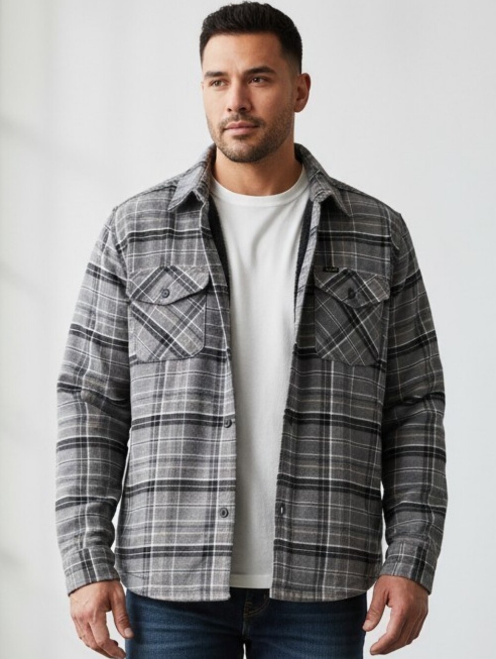 Lee Men’s Regular Fit Plaid Fleece Shirt Jacket, in Black/Gray/Tan plaid
